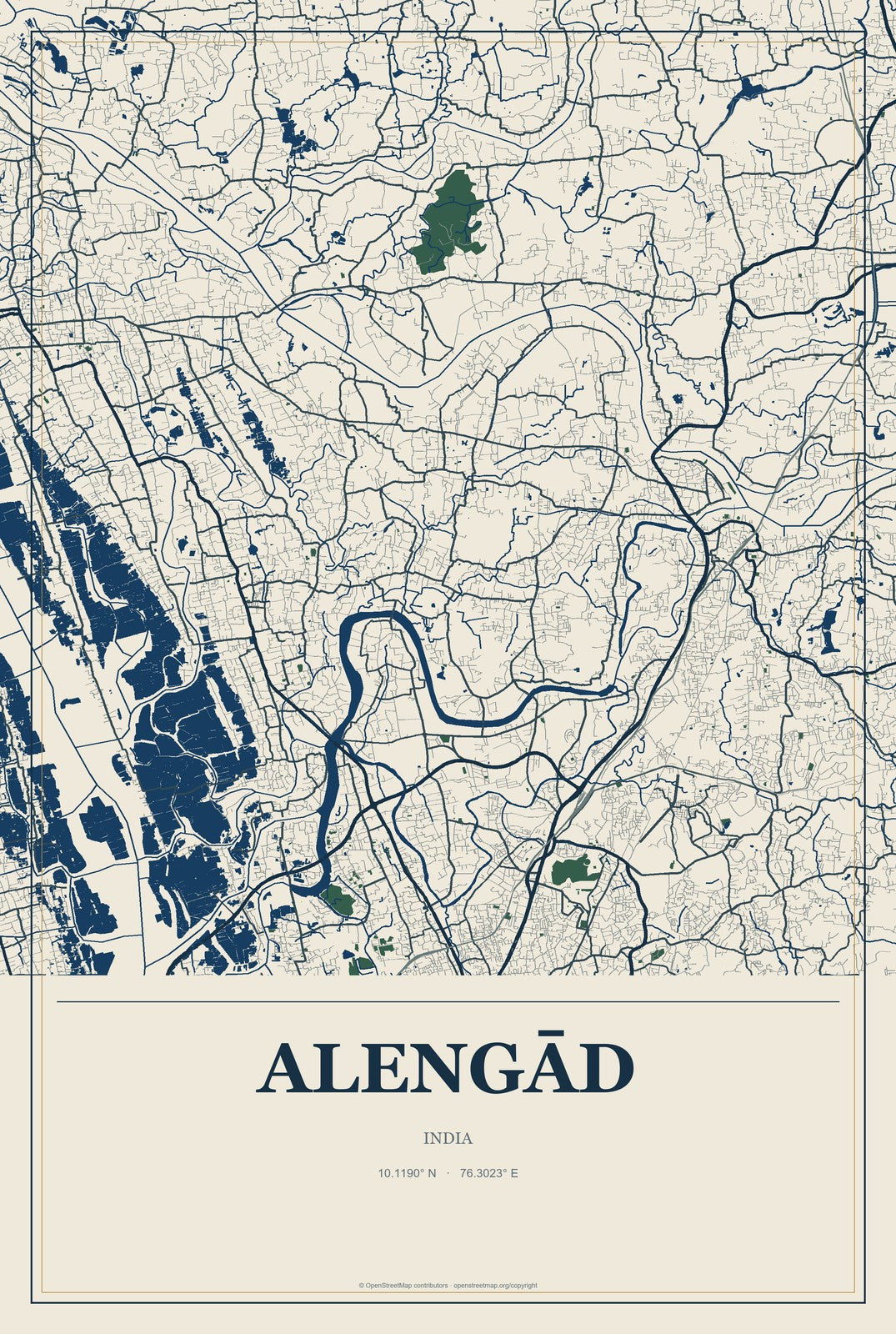Alengād, India City Map Aluminum Sign in Coastal Cutout style