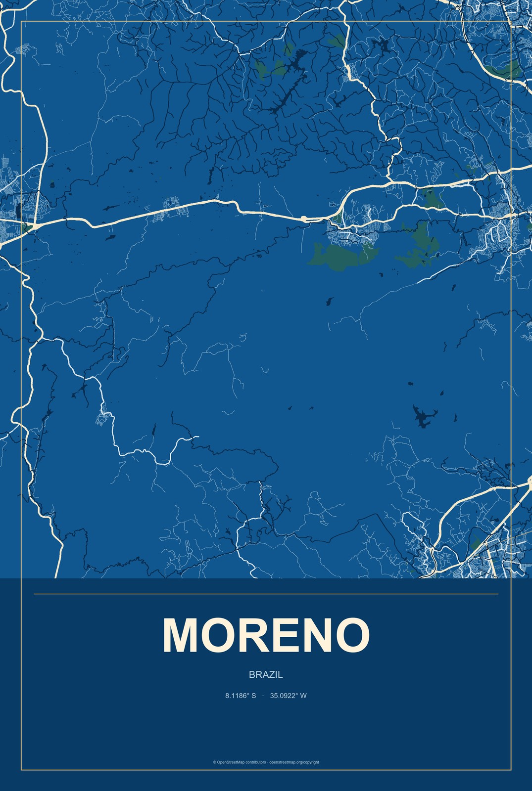 Moreno, Brazil City Map Aluminum Sign in Harbor Cobalt style