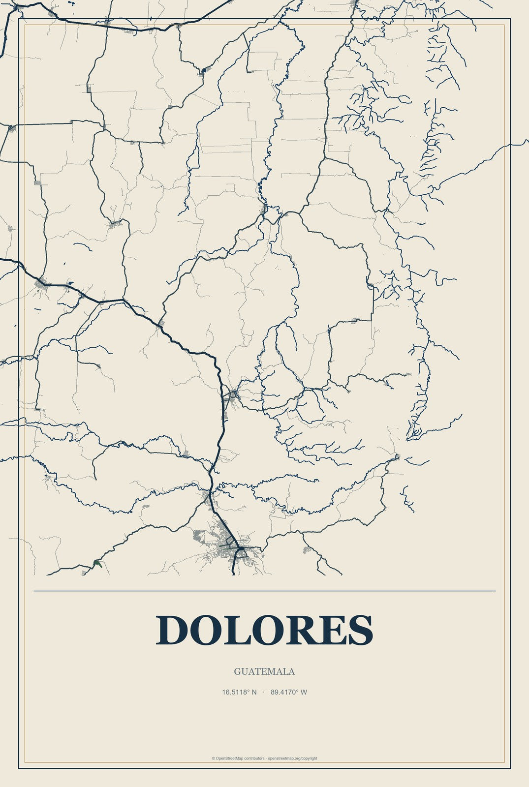 Dolores, Guatemala City Map Aluminum Sign in Coastal Cutout style