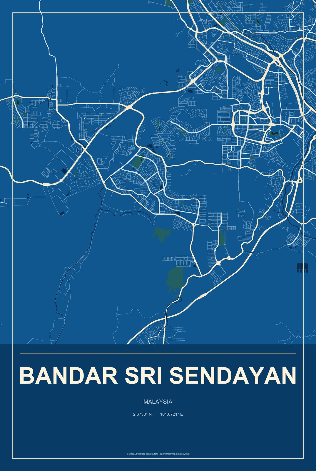 Bandar Sri Sendayan, Malaysia City Map Aluminum Sign in Harbor Cobalt style