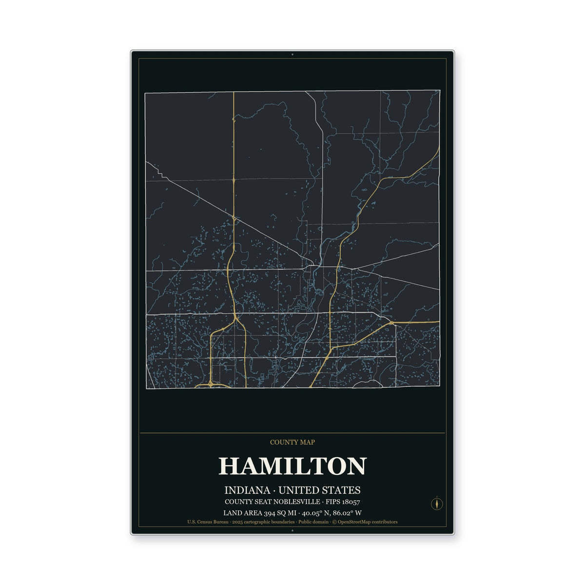 Hamilton County, Indiana Map Aluminum Sign in Metropolitan Noir style