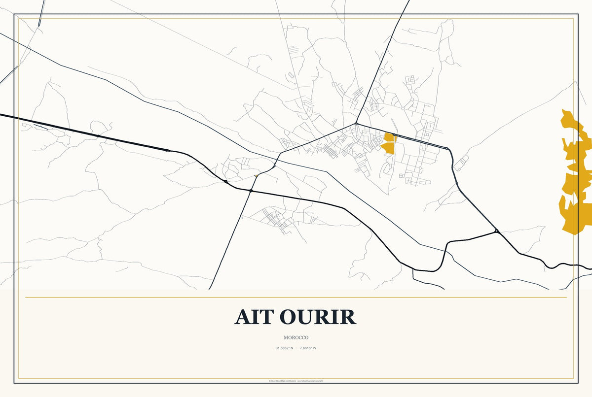 Ait Ourir, Morocco City Map Aluminum Sign in Citrine Modern style
