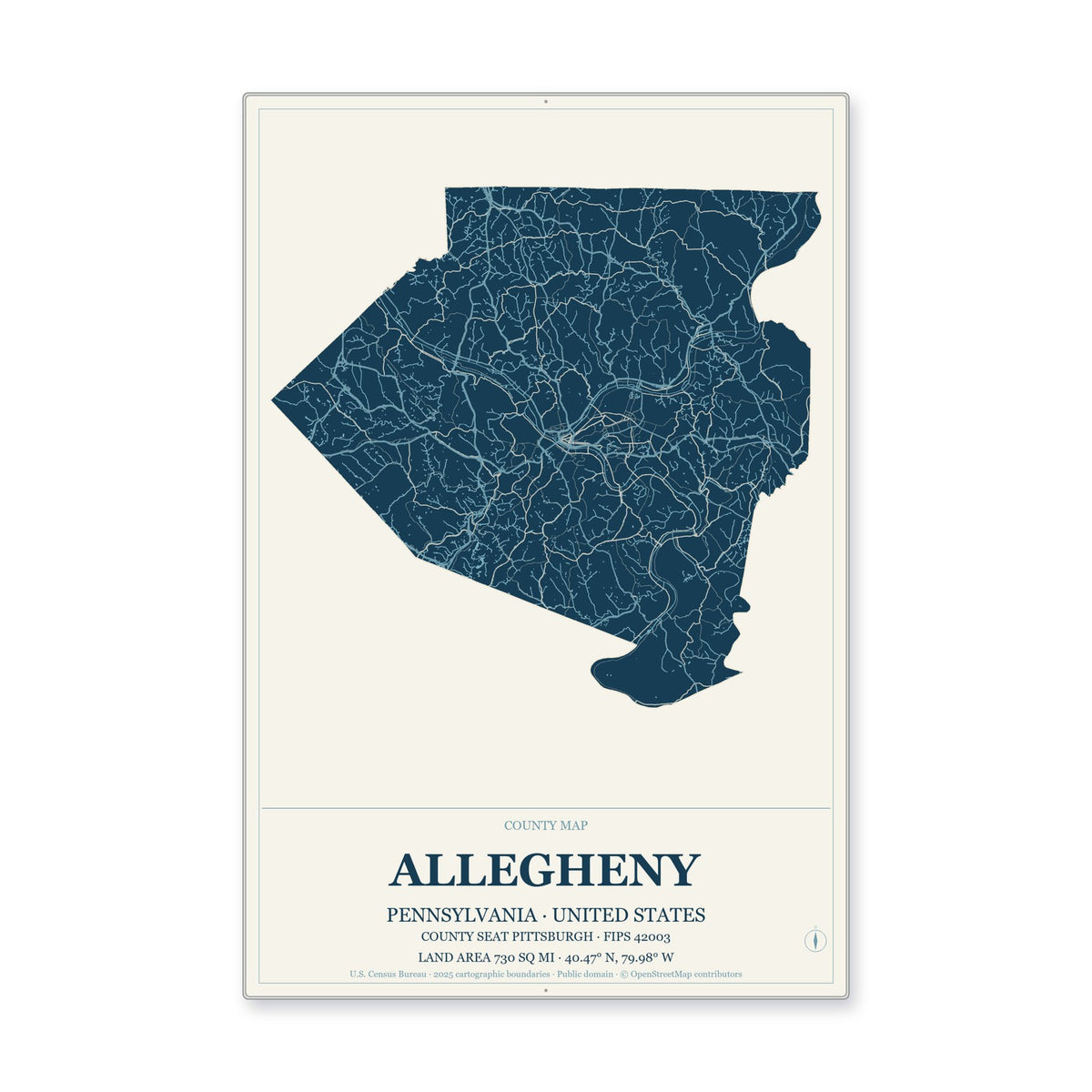 Allegheny County, Pennsylvania Map Aluminum Sign in Coastal Cutout style