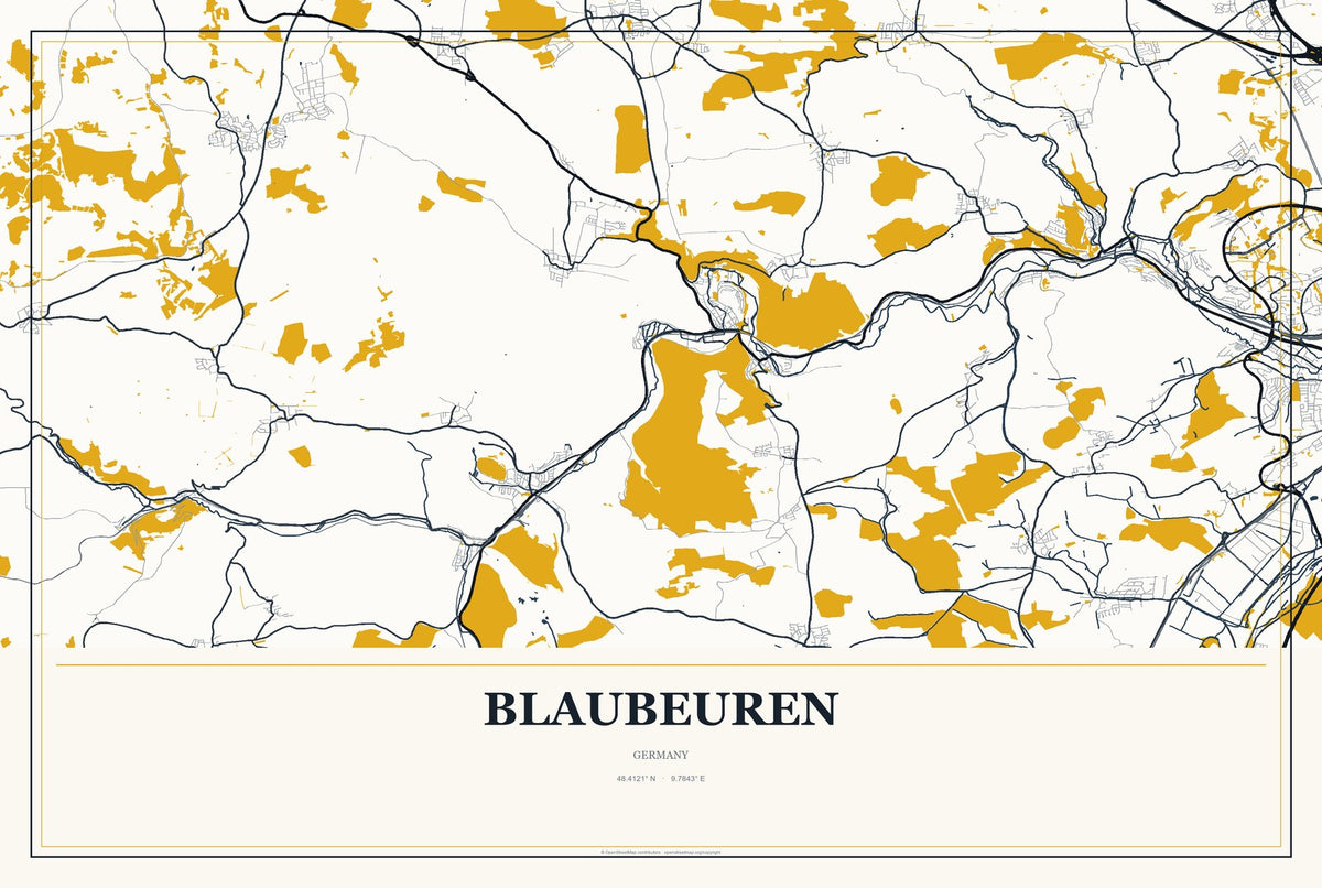 Blaubeuren, Germany City Map Aluminum Sign in Citrine Modern style