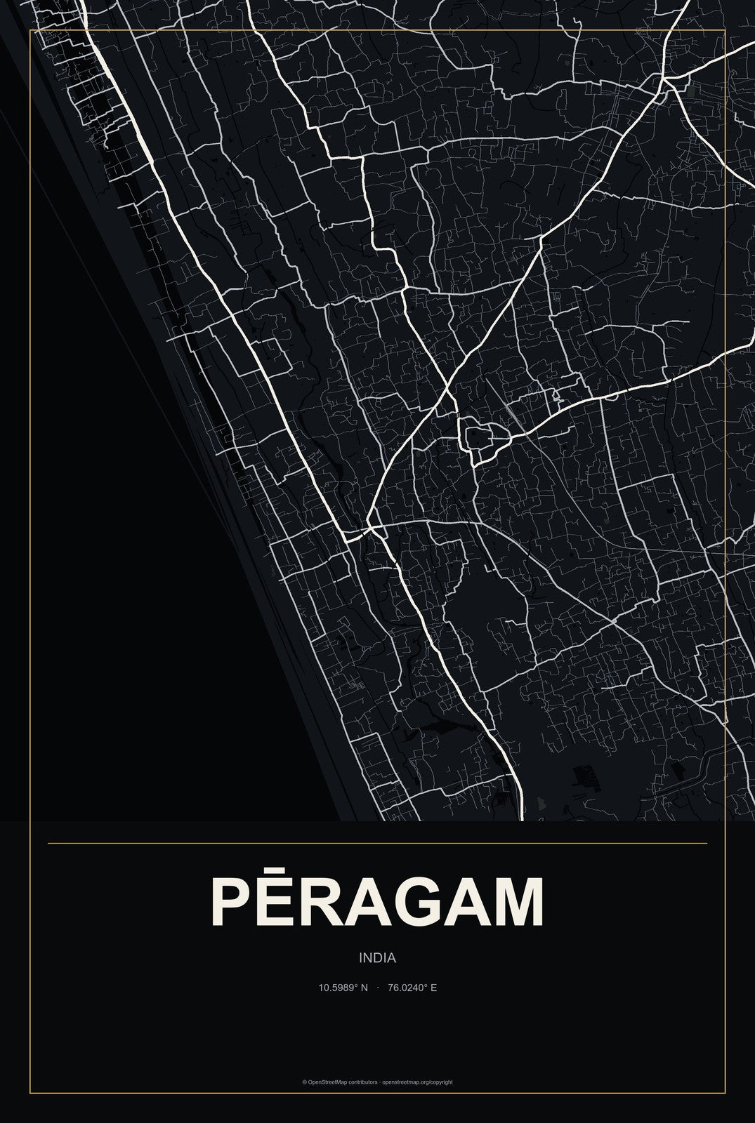 Pēragam, India City Map Aluminum Sign in Metropolitan Noir style