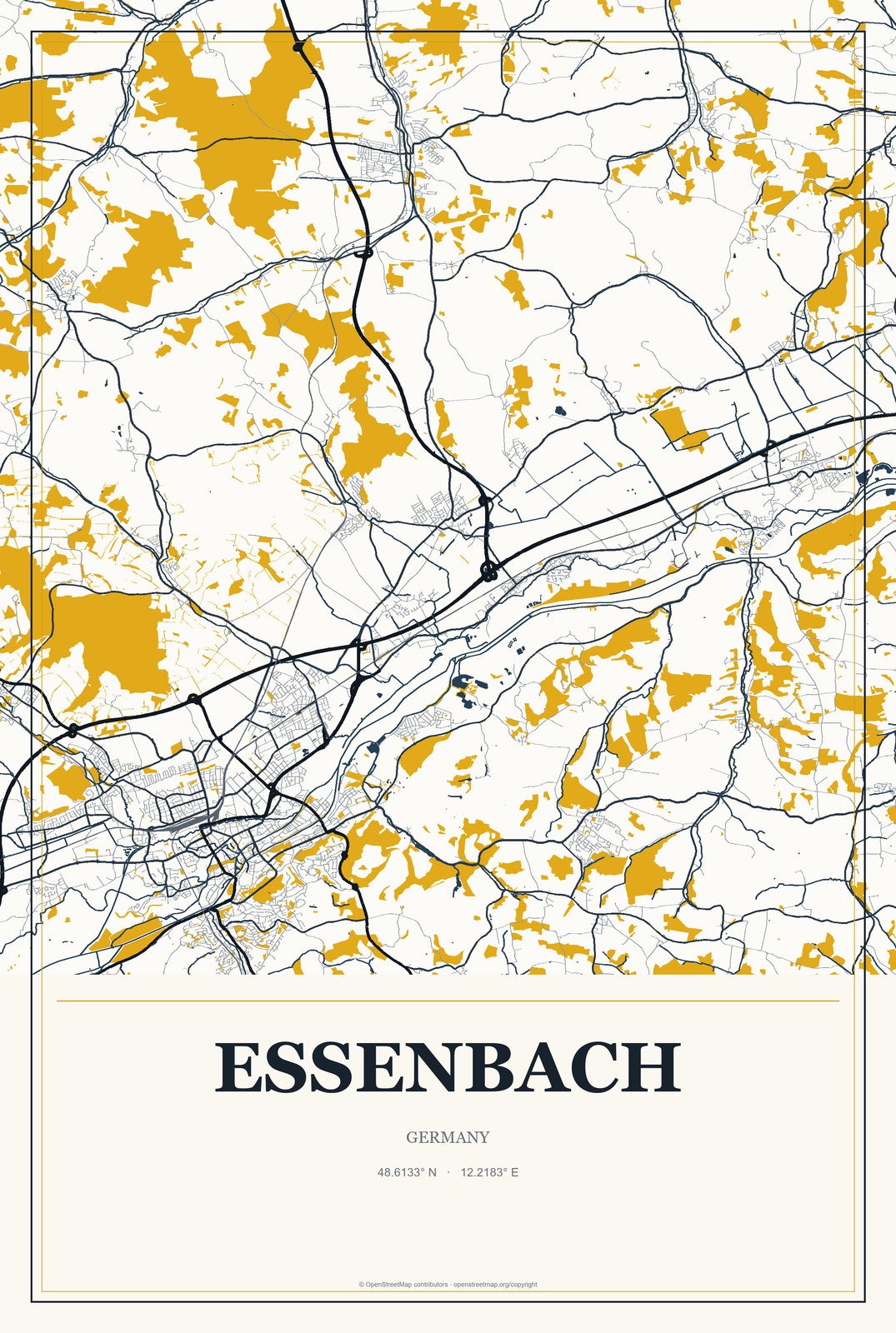 Essenbach, Germany City Map Aluminum Sign in Citrine Modern style