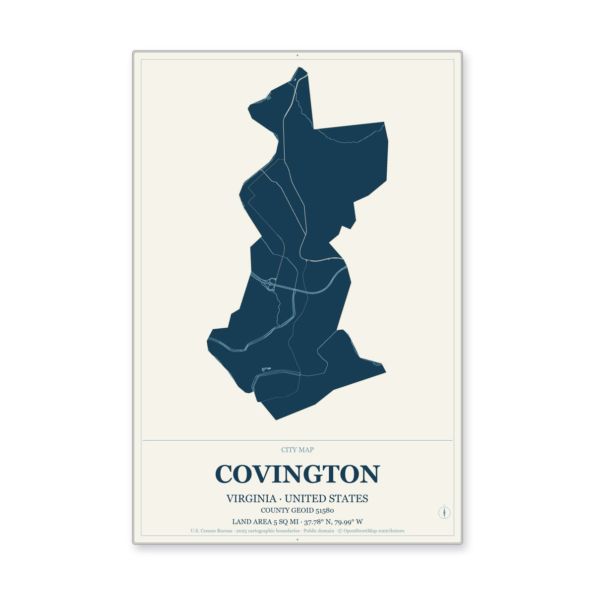 Covington city, Virginia Map Aluminum Sign in Coastal Cutout style