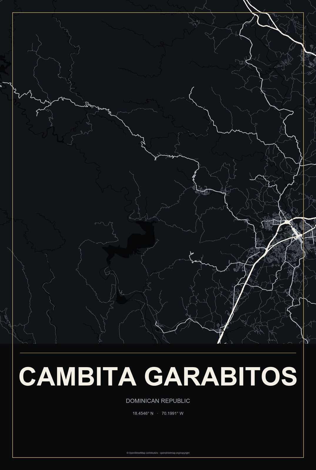 Cambita Garabitos, Dominican Republic City Map Aluminum Sign in Metropolitan Noir style