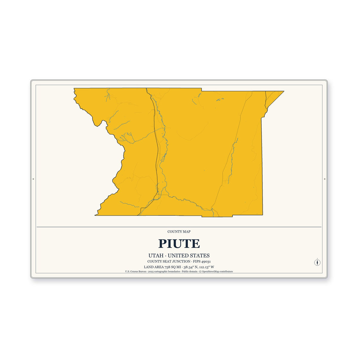 Piute County, Utah Map Aluminum Sign in Citrine Modern style