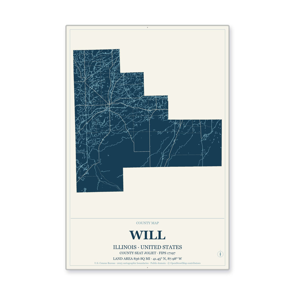 Will County, Illinois Map Aluminum Sign in Coastal Cutout style