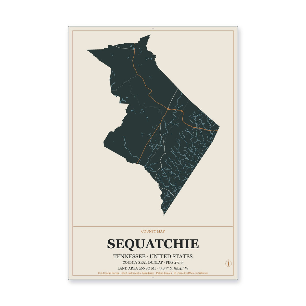 Sequatchie County, Tennessee Map Aluminum Sign in Headline Atlas style