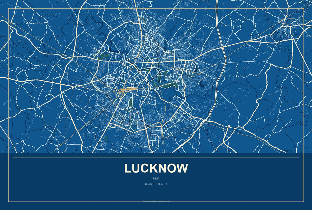Lucknow, India City Map Aluminum Sign in Harbor Cobalt style