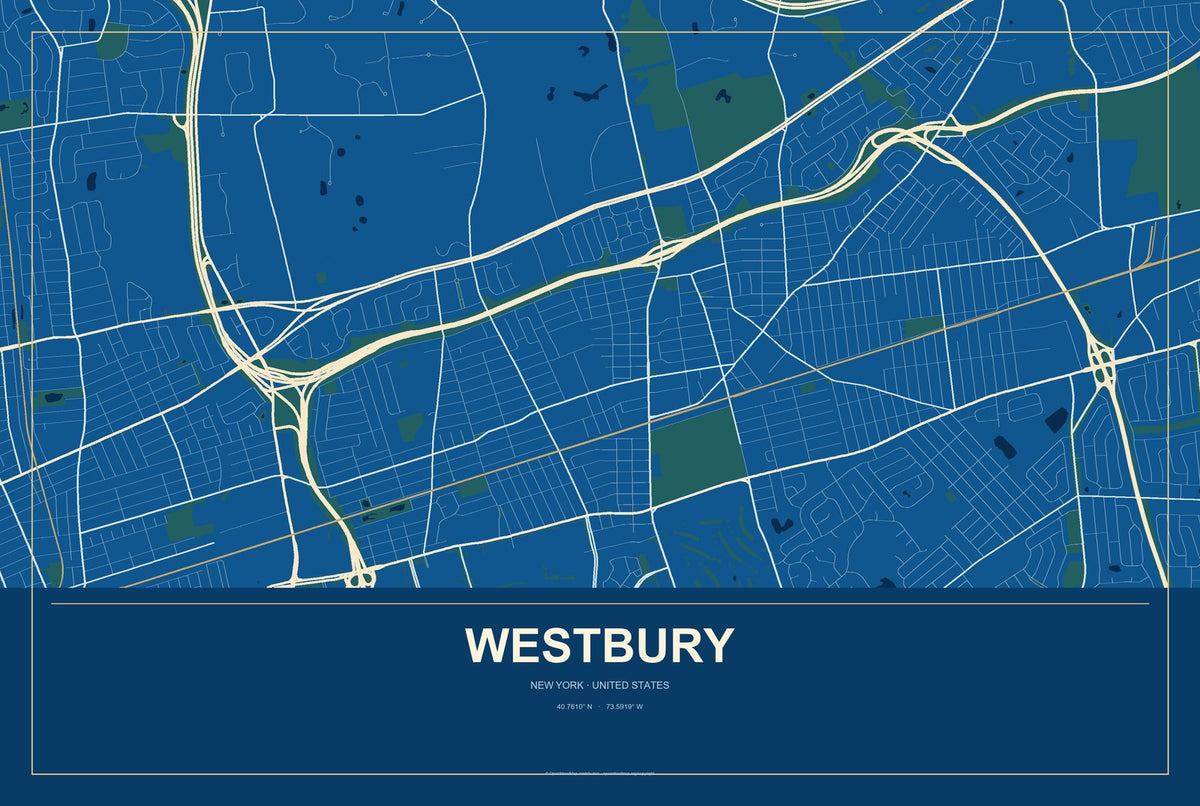 Westbury, New York City Map Aluminum Sign in Harbor Cobalt style