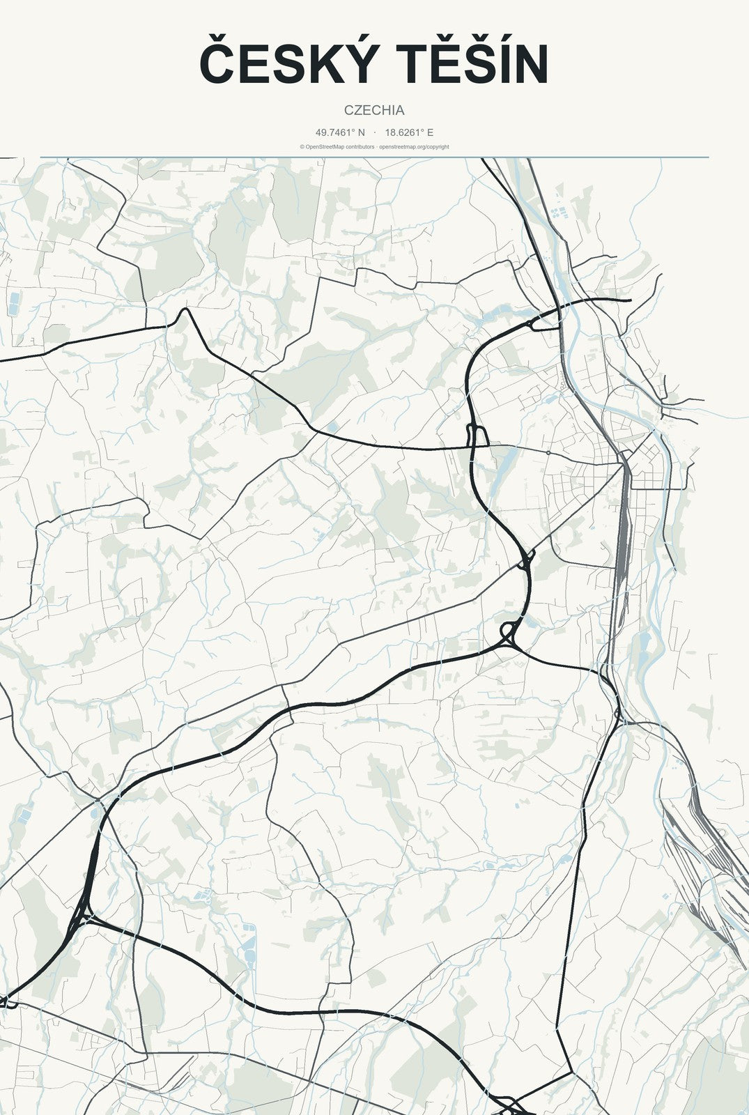 Český Těšín, Czechia City Map Aluminum Sign in Headline Atlas style
