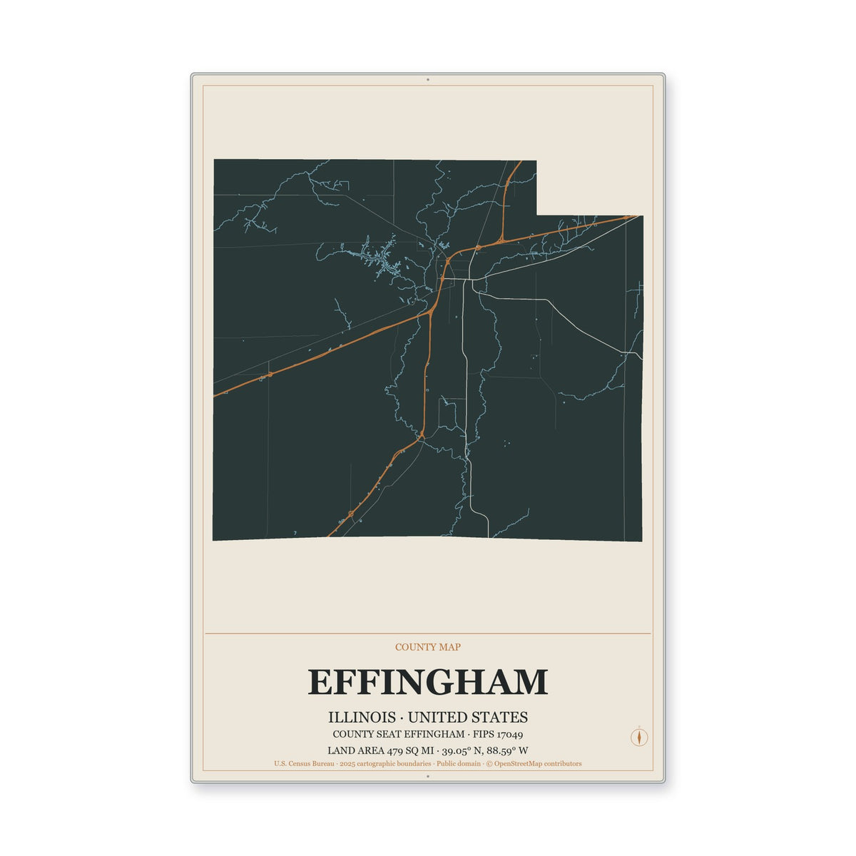 Effingham County, Illinois Map Aluminum Sign in Headline Atlas style