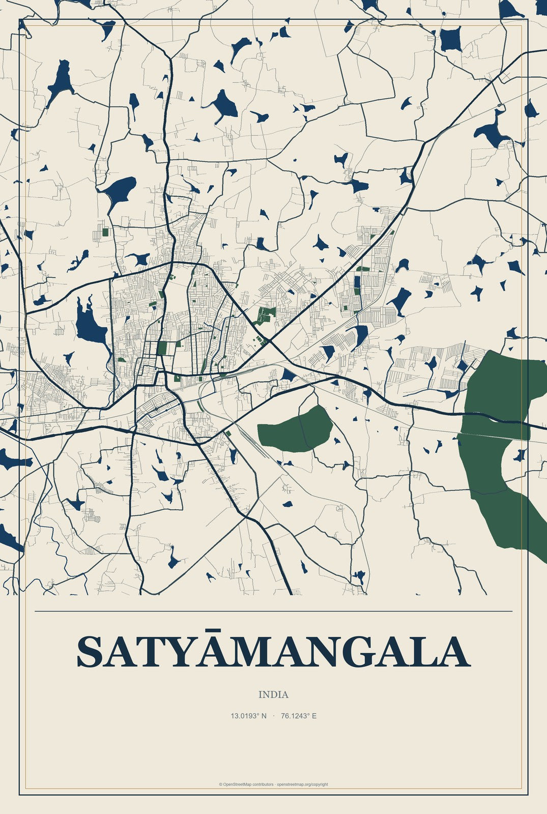 Satyāmangala, India City Map Aluminum Sign in Coastal Cutout style