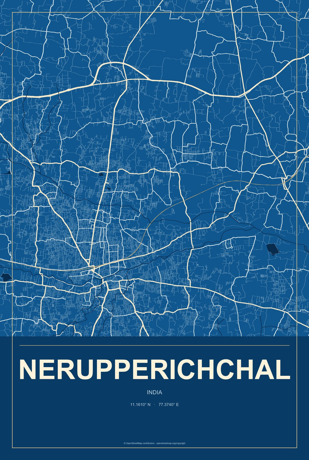Nerupperichchal, India City Map Aluminum Sign in Harbor Cobalt style