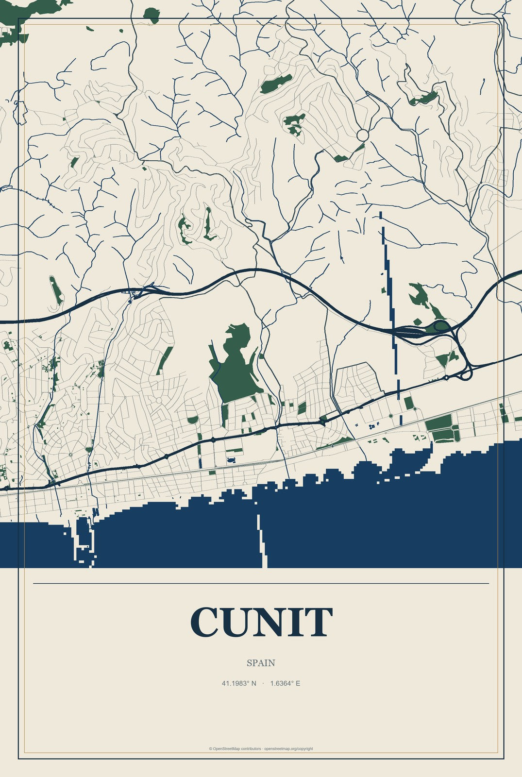 Cunit, Spain City Map Aluminum Sign in Coastal Cutout style