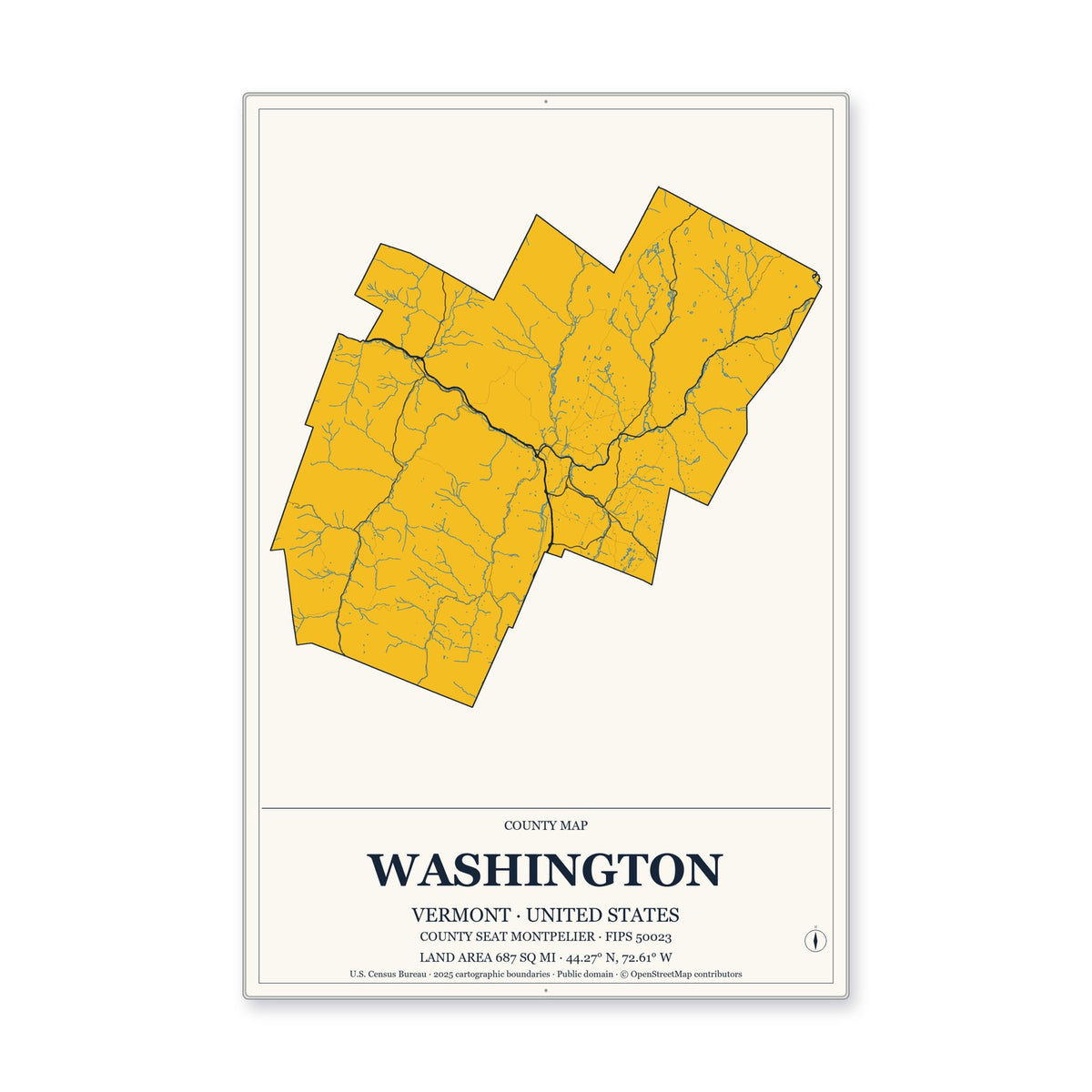 Washington County, Vermont Map Aluminum Sign in Citrine Modern style
