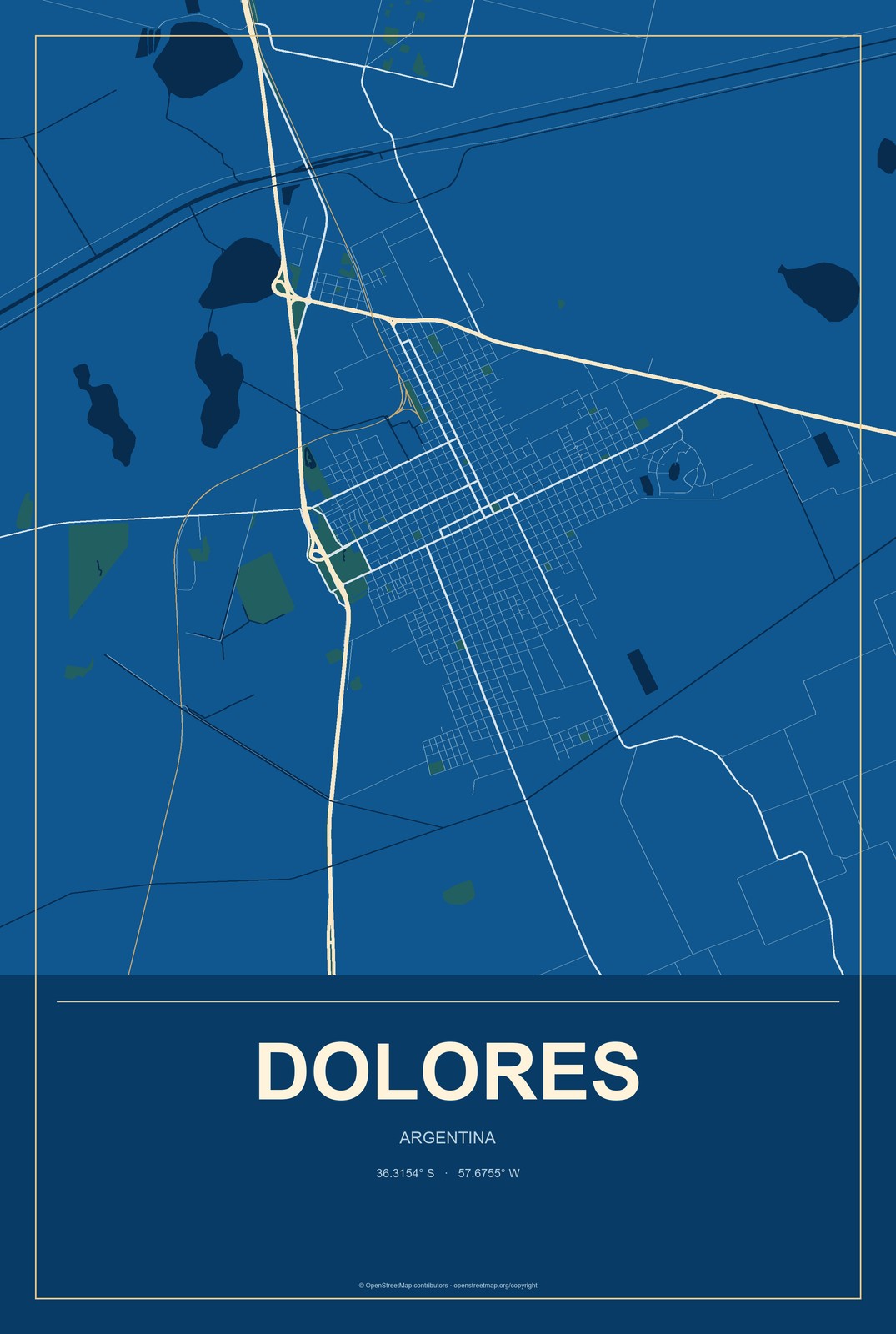 Dolores, Argentina City Map Aluminum Sign in Harbor Cobalt style