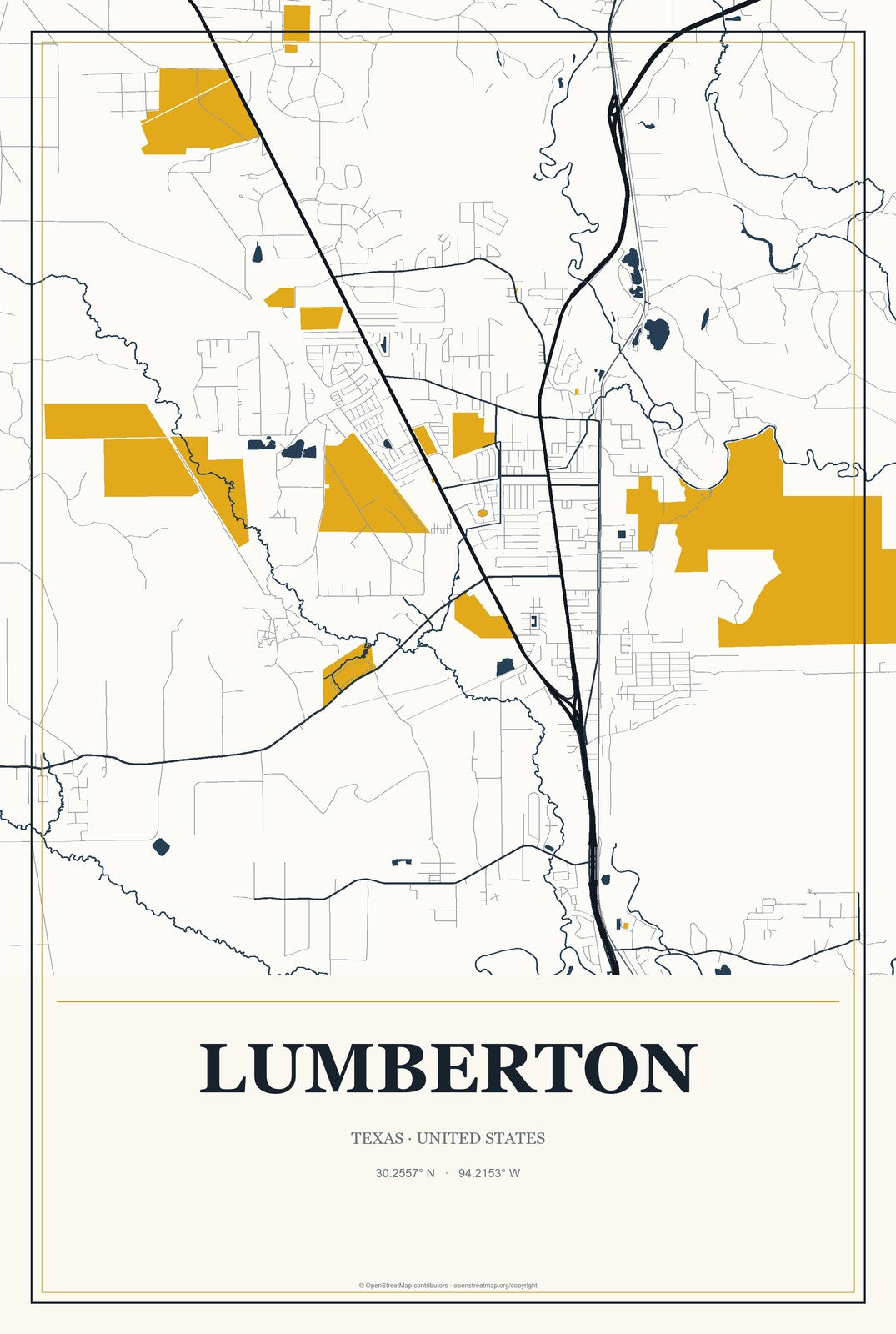 Lumberton, Texas City Map Aluminum Sign in Citrine Modern style
