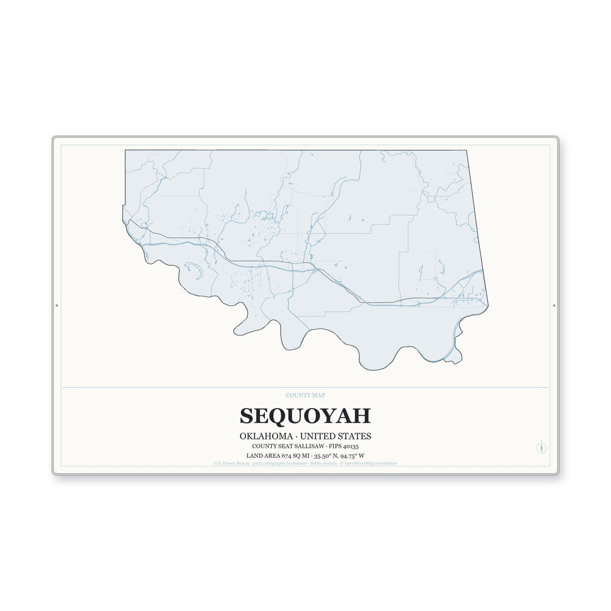 Sequoyah County, Oklahoma Map Aluminum Sign in Gallery Air style