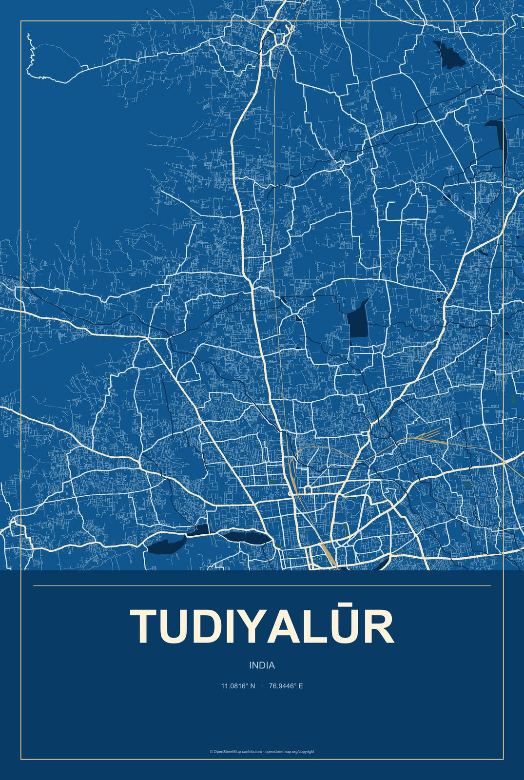 Tudiyalūr, India City Map Aluminum Sign in Harbor Cobalt style