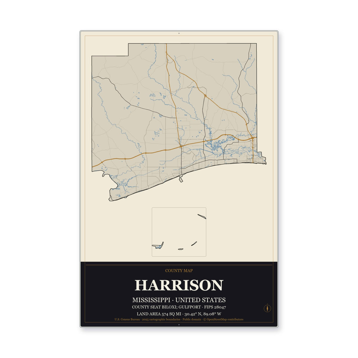 Harrison County, Mississippi Map Aluminum Sign in Museum Plaque style