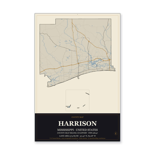 Harrison County, Mississippi Map Aluminum Sign in Museum Plaque style