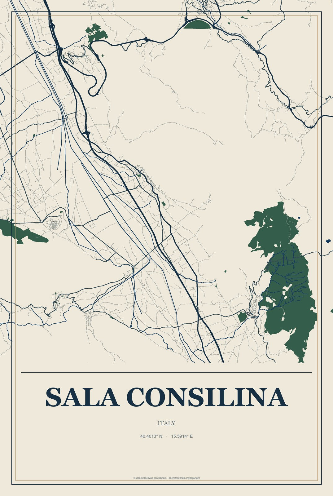 Sala Consilina, Italy City Map Aluminum Sign in Coastal Cutout style