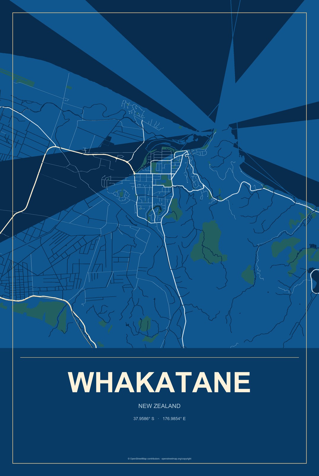 Whakatane, New Zealand City Map Aluminum Sign in Harbor Cobalt style