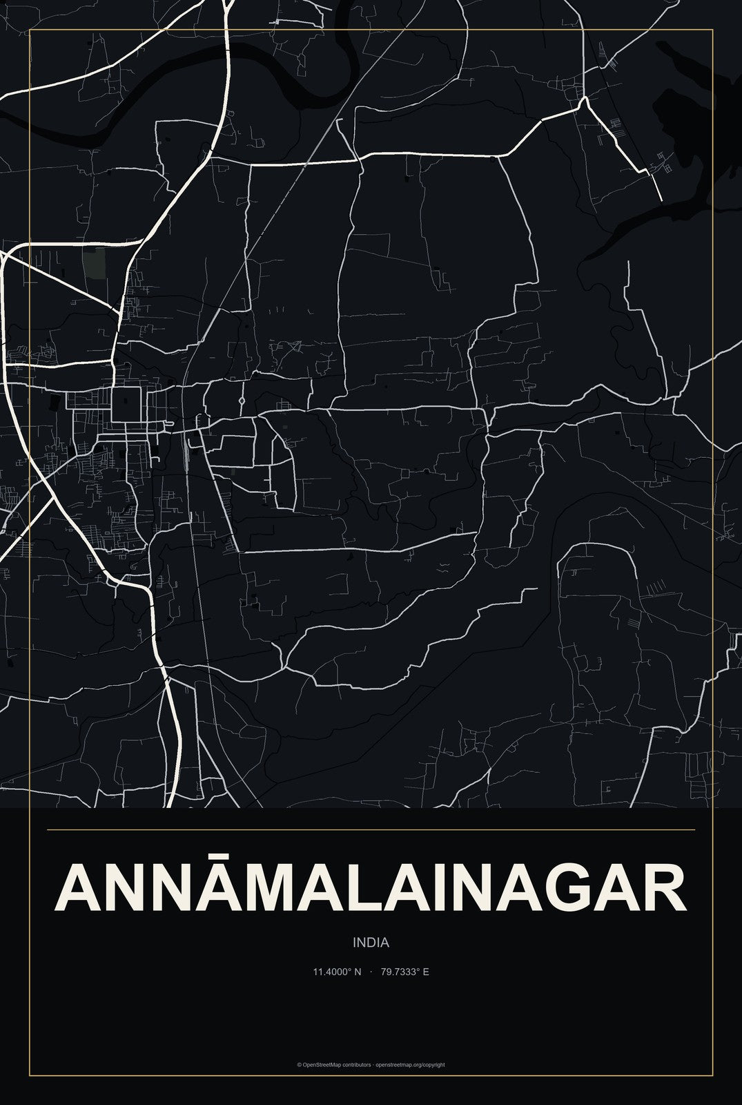 Annāmalainagar, India City Map Aluminum Sign in Metropolitan Noir style