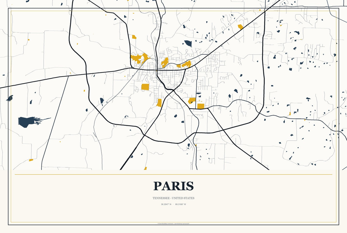 Paris, Tennessee City Map Aluminum Sign in Citrine Modern style