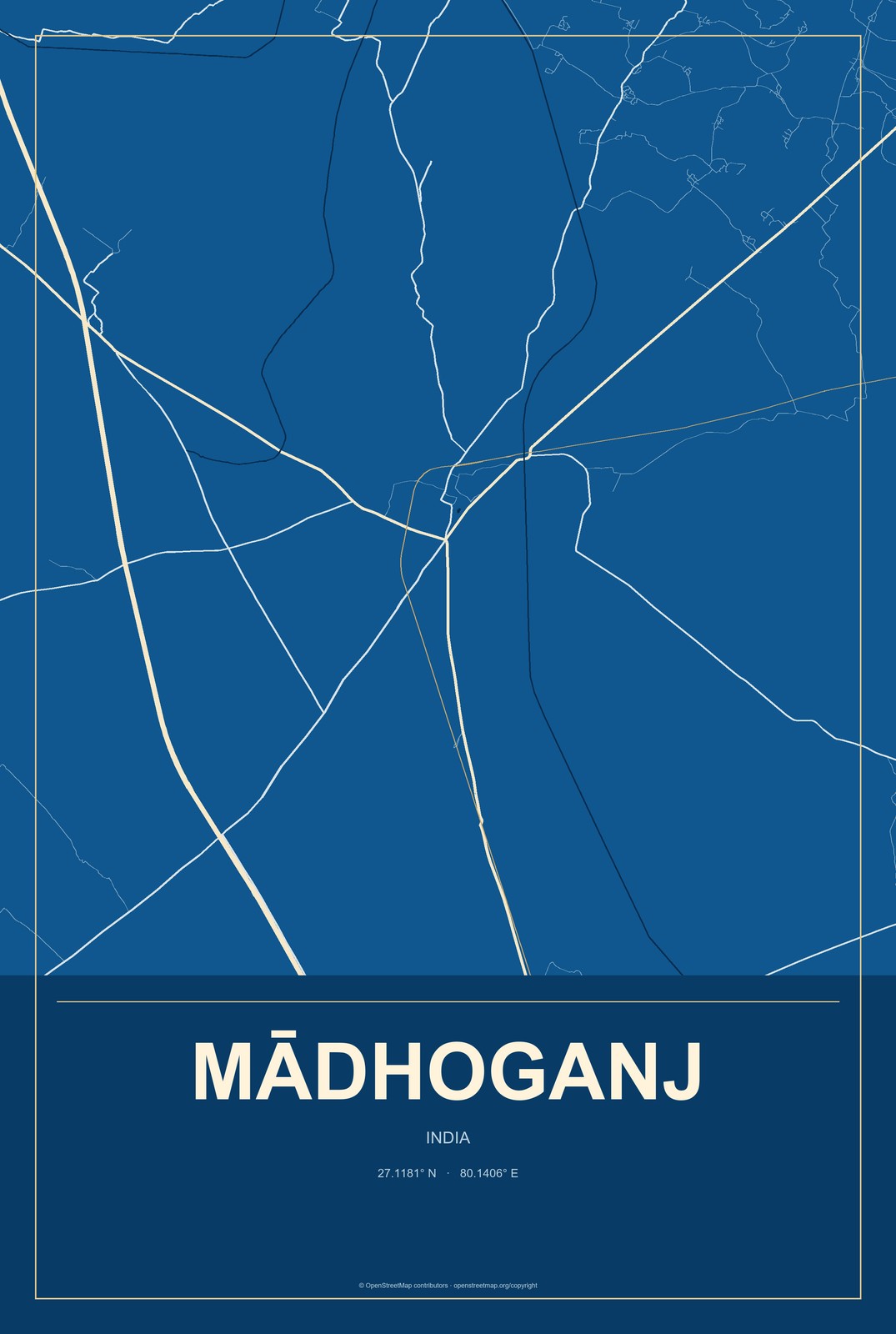 Mādhoganj, India City Map Aluminum Sign in Harbor Cobalt style