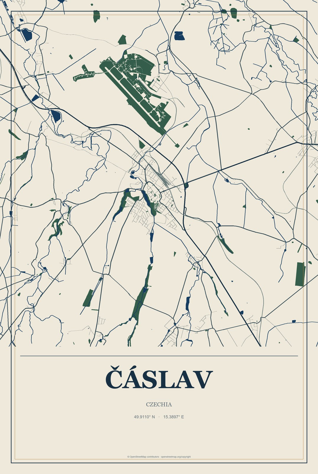 Čáslav, Czechia City Map Aluminum Sign in Coastal Cutout style