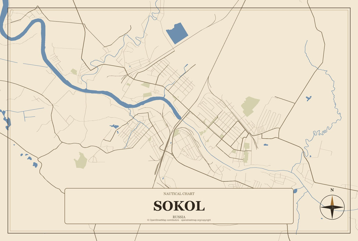 Sokol, Russia City Map Aluminum Sign in Heritage Nautical style