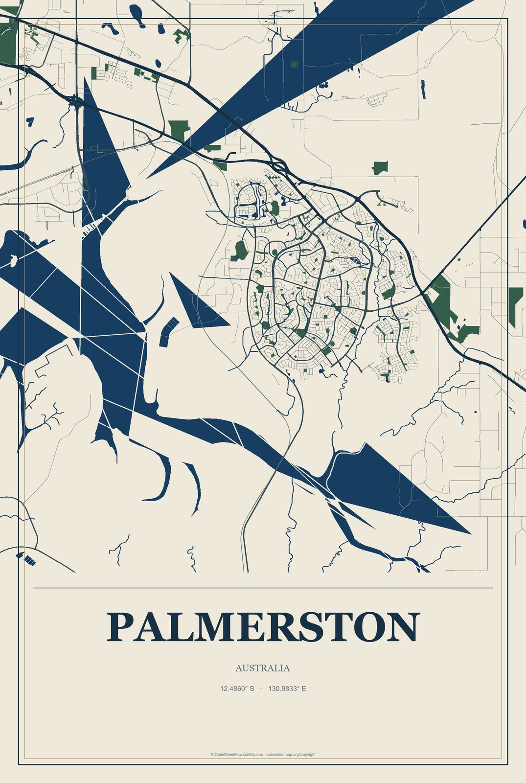 Palmerston, Australia City Map Aluminum Sign in Coastal Cutout style