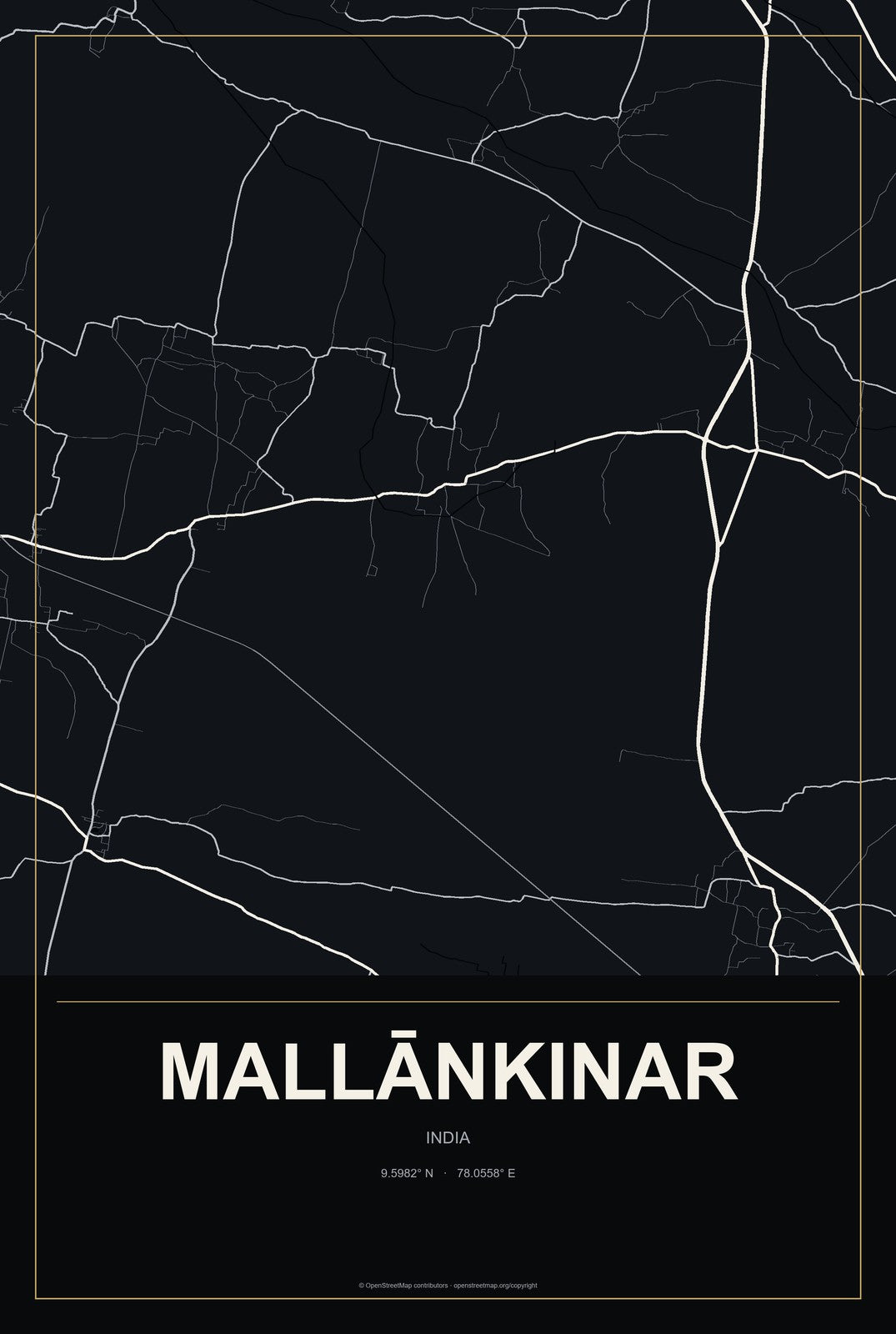Mallānkinar, India City Map Aluminum Sign in Metropolitan Noir style
