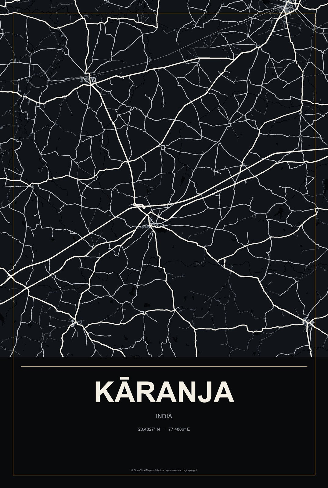 Kāranja, India City Map Aluminum Sign in Metropolitan Noir style