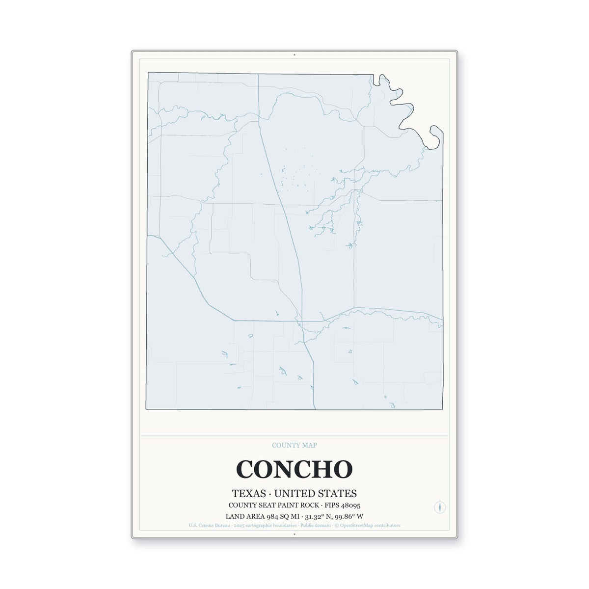 Concho County, Texas Map Aluminum Sign in Gallery Air style