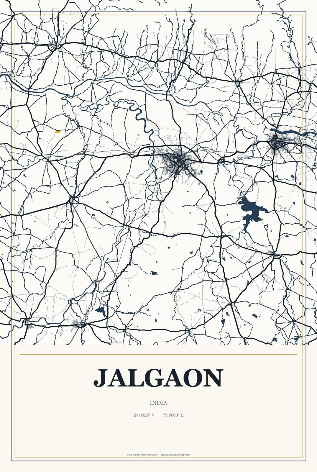 Jalgaon, India City Map Aluminum Sign in Citrine Modern style
