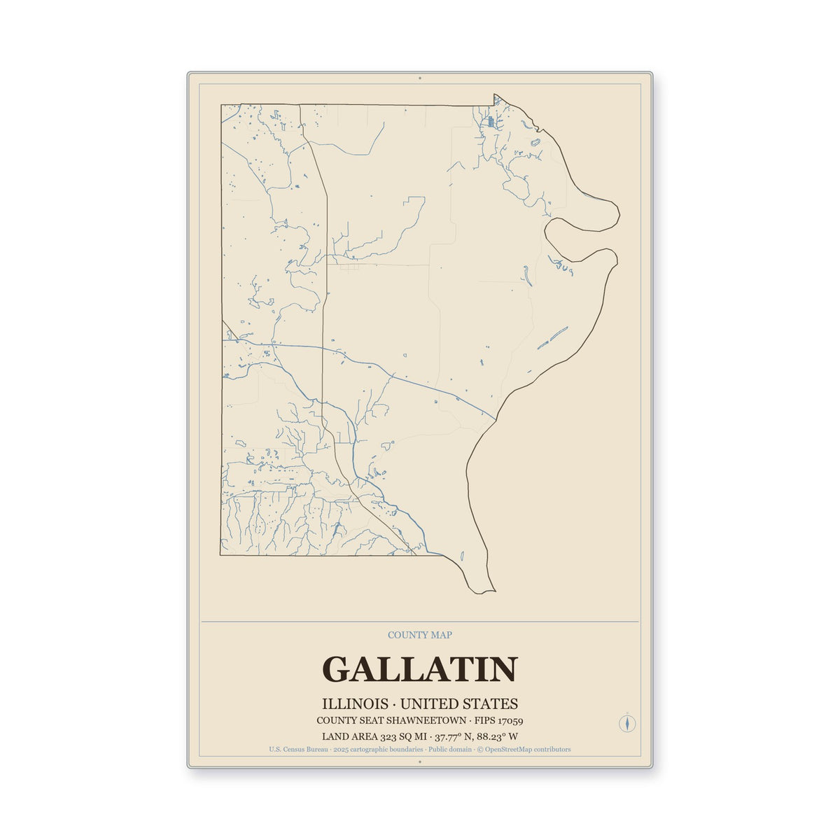 Gallatin County, Illinois Map Aluminum Sign in Heritage Nautical style