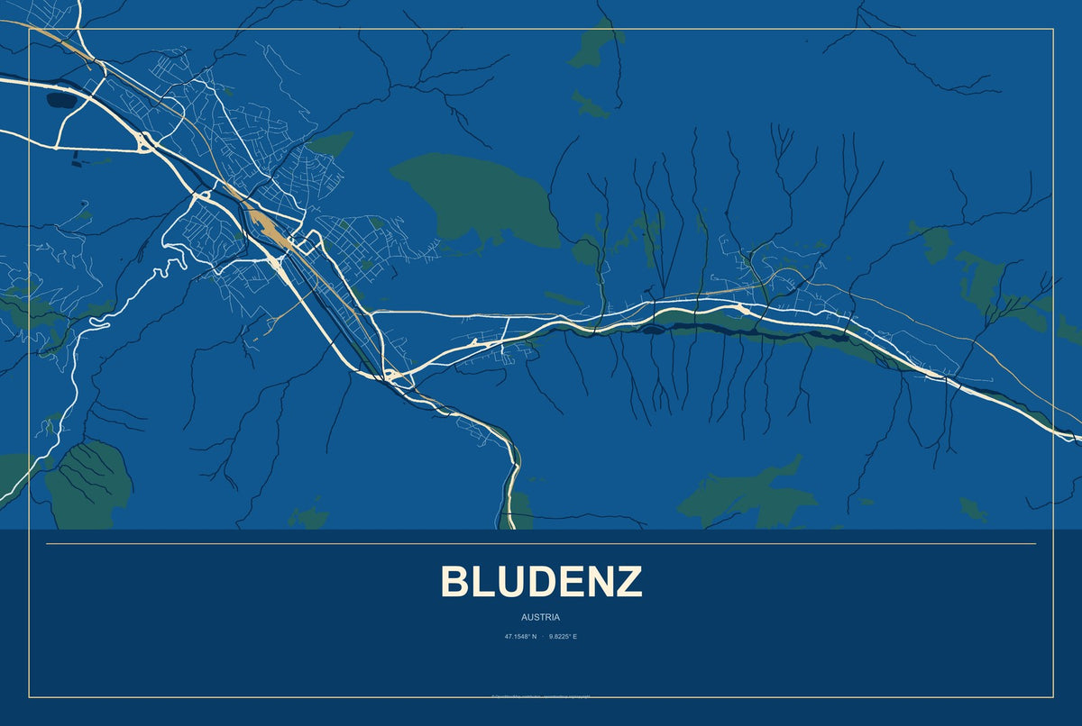 Bludenz, Austria City Map Aluminum Sign in Harbor Cobalt style