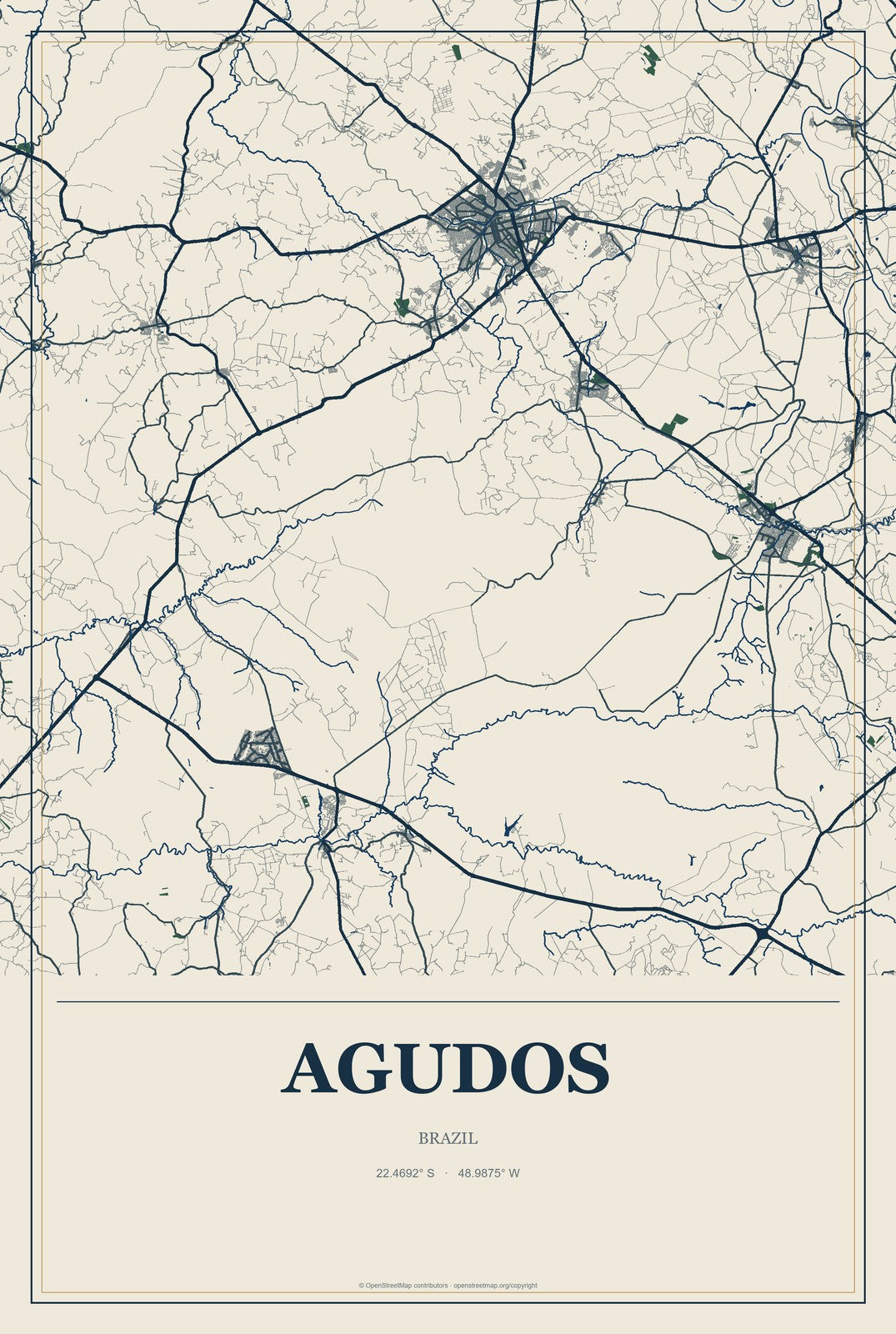 Agudos, Brazil City Map Aluminum Sign in Coastal Cutout style