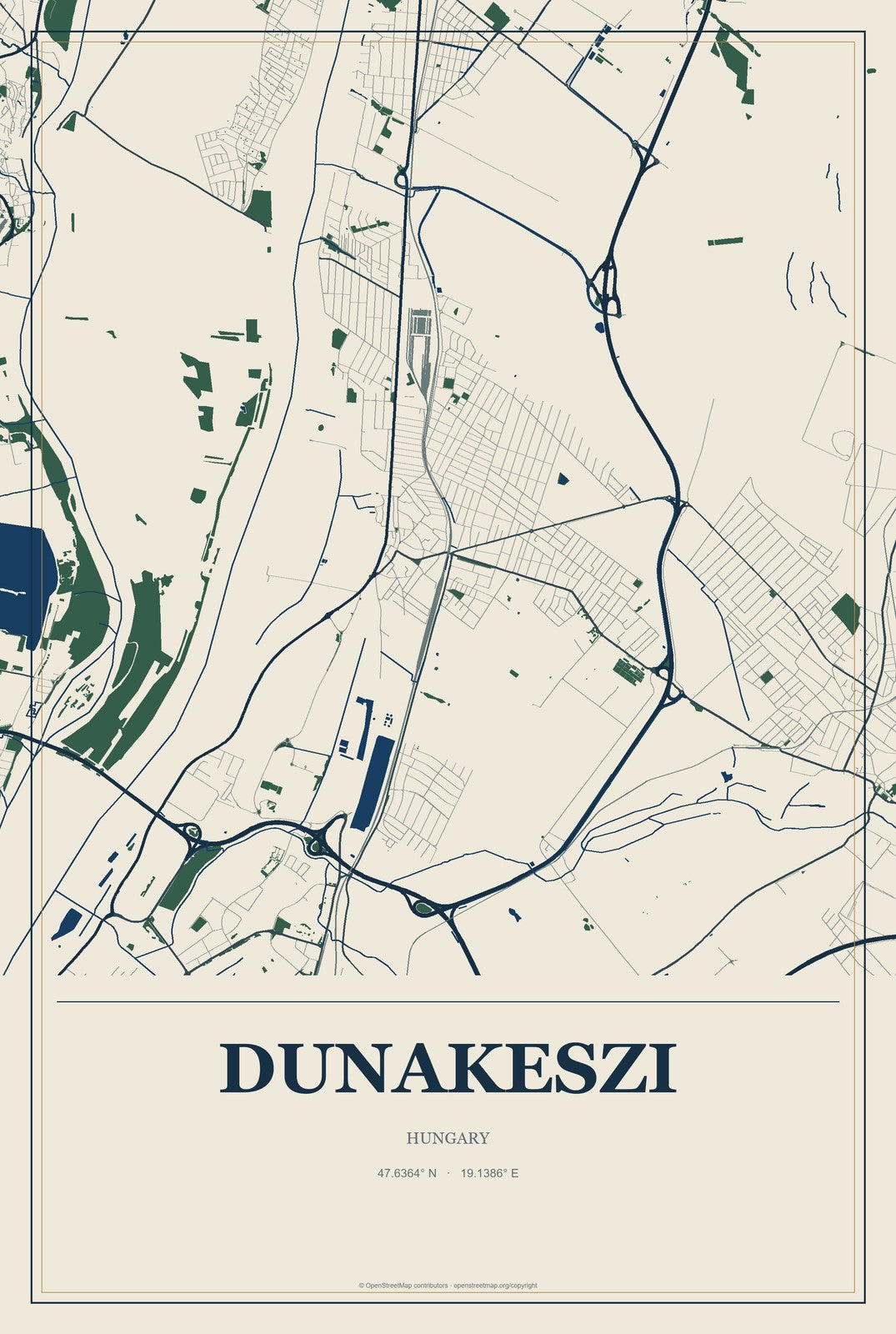 Dunakeszi, Hungary City Map Aluminum Sign in Coastal Cutout style