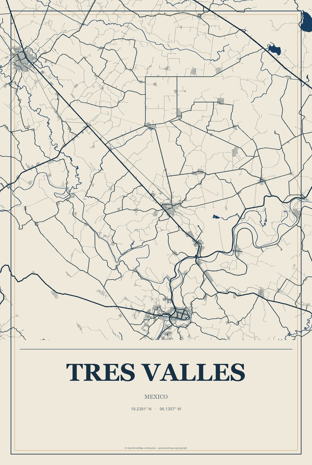 Tres Valles, Mexico City Map Aluminum Sign in Coastal Cutout style