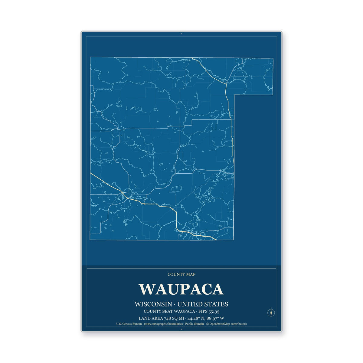 Waupaca County, Wisconsin Map Aluminum Sign in Harbor Cobalt style