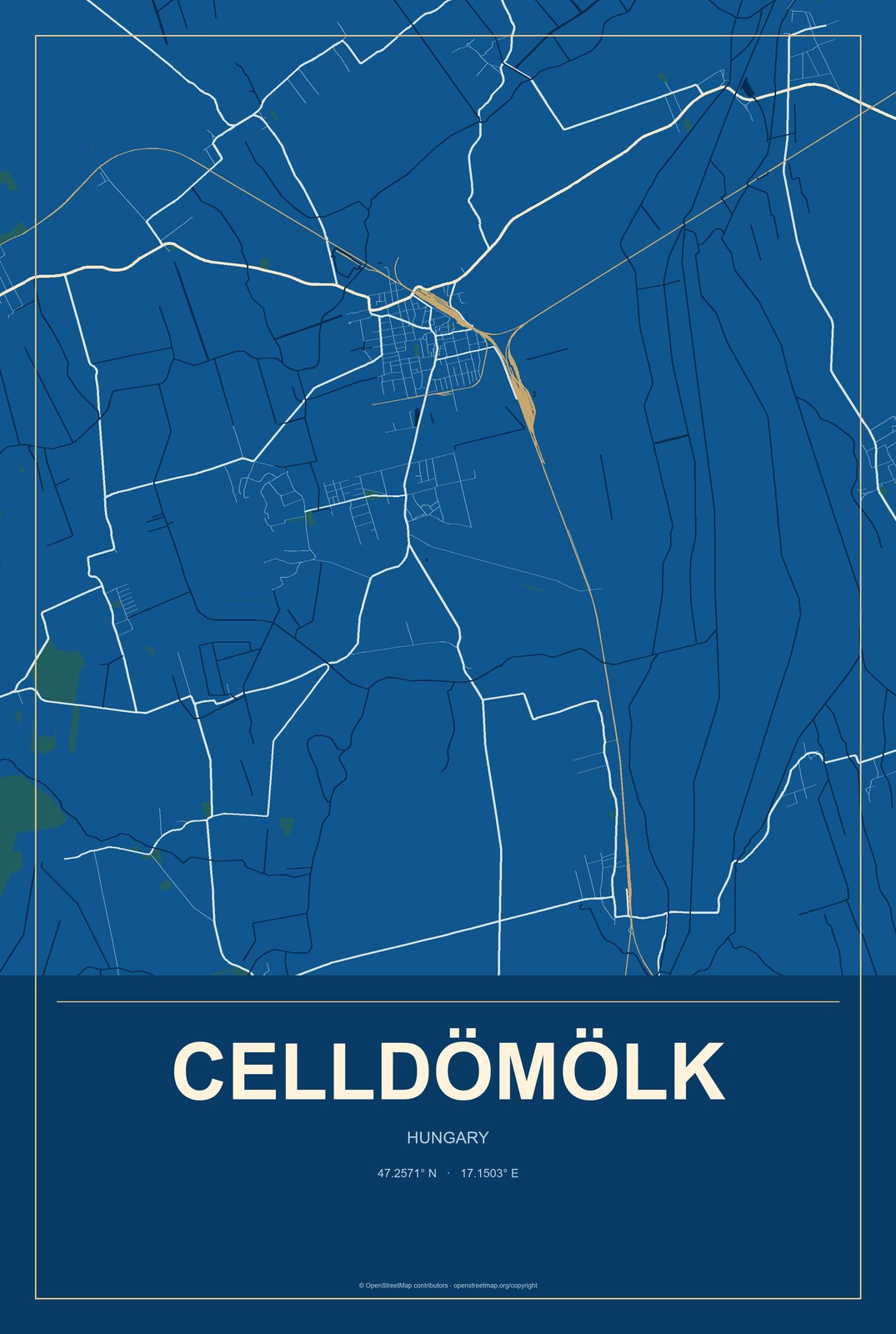 Celldömölk, Hungary City Map Aluminum Sign in Harbor Cobalt style