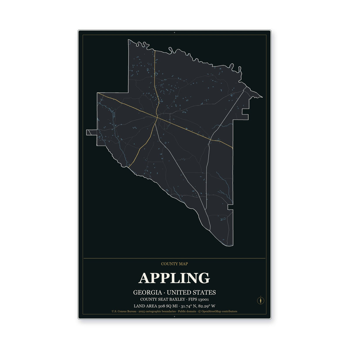 Appling County, Georgia Map Aluminum Sign in Metropolitan Noir style