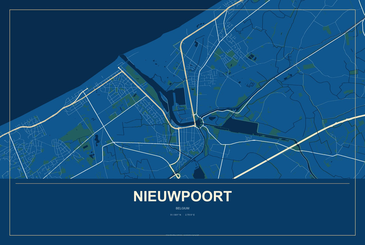 Nieuwpoort, Belgium City Map Aluminum Sign in Harbor Cobalt style